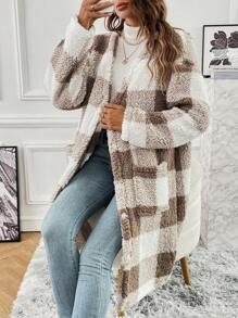 SHEIN Essnce Buffalo Plaid Print Drop Shoulder Teddy Coat - Khaki - View 6