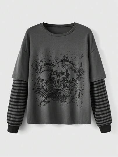 Grunge Punk Women's Skull Printed 2 In 1 T-Shirt, School
