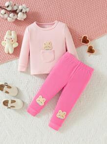 Baby Girls' Pink Cute Rabbit Embroidery 2pcs/set Autumn/winter Comfortable Warm Home Clothes - Multicolor - View 1