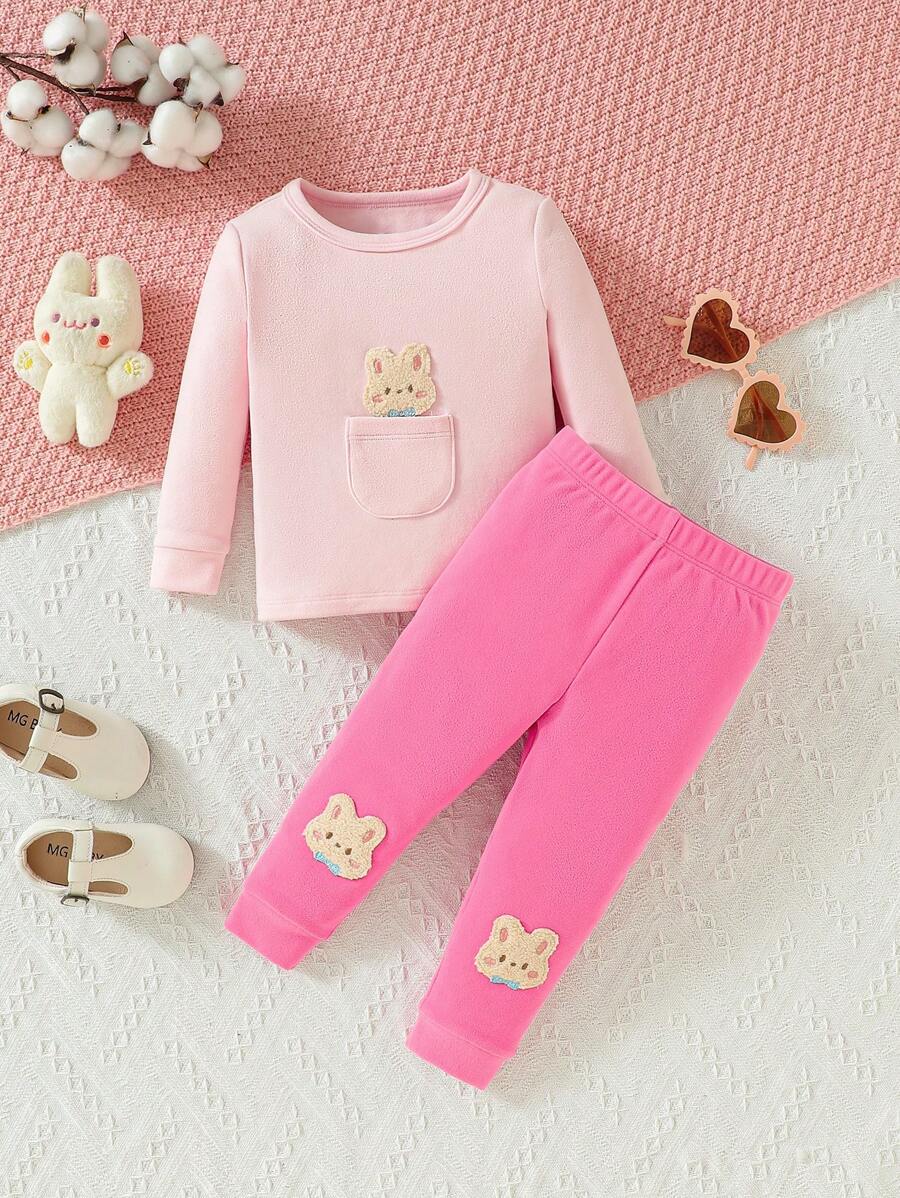 Baby Girls' Pink Cute Rabbit Embroidery 2pcs/set Autumn/winter Comfortable Warm Home Clothes - Multicolor - View 1