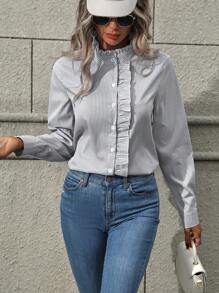 SHEIN Frenchy Camisa De Mujer A Rayas Con Cuello Alto Y Detalles De Volantes - Negro - Ver 6