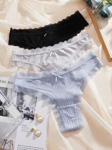 3 条装蕾丝边蝴蝶结前丁字裤性感内衣 - 彩色 - 查看 1