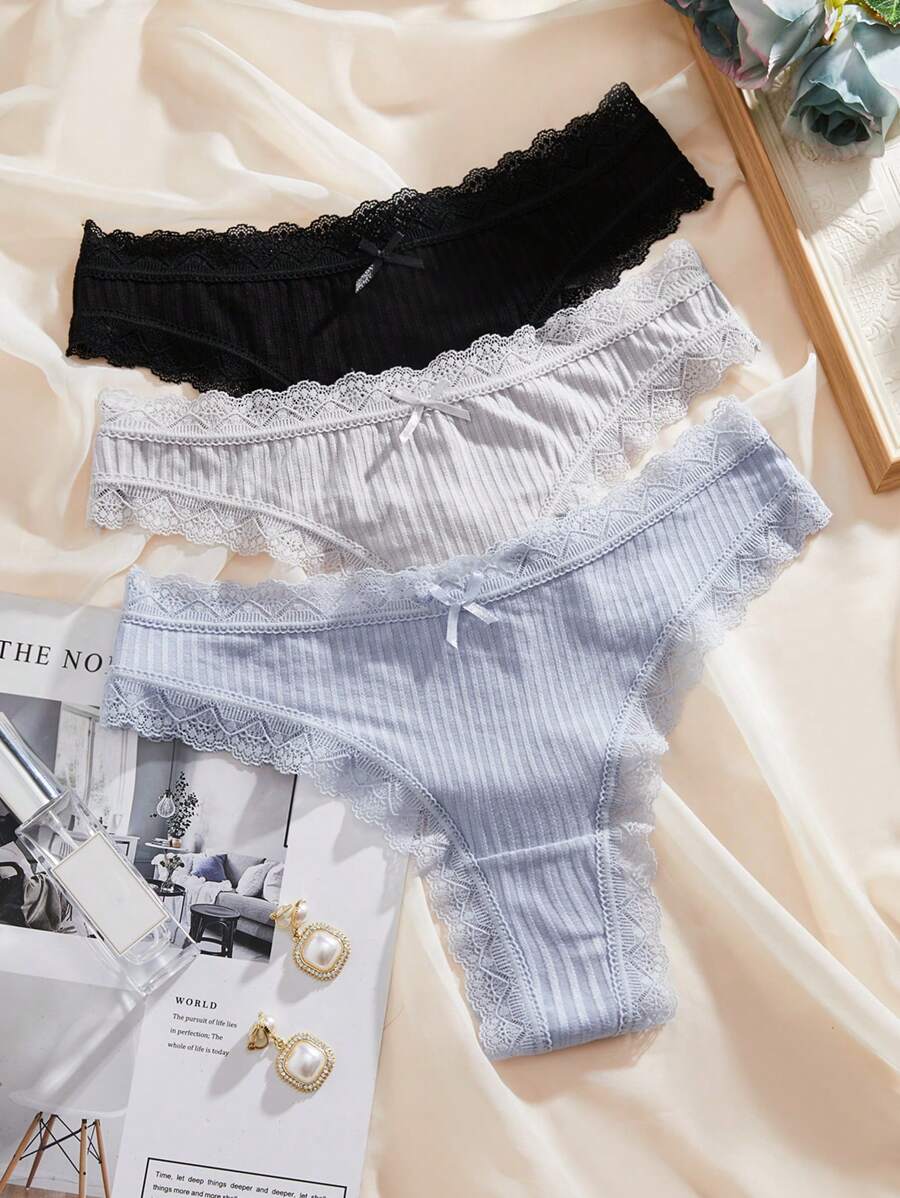 3 条装蕾丝边蝴蝶结前丁字裤性感内衣 - 彩色 - 查看 1