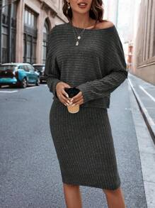 SHEIN Clasi 素色落肩T恤&半身裙 - 灰色 - 查看 6