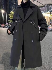 Manfinity Hypemode Men'S Solid Color Buckles Tape Double-Breasted Trench Coat - Black - View 1