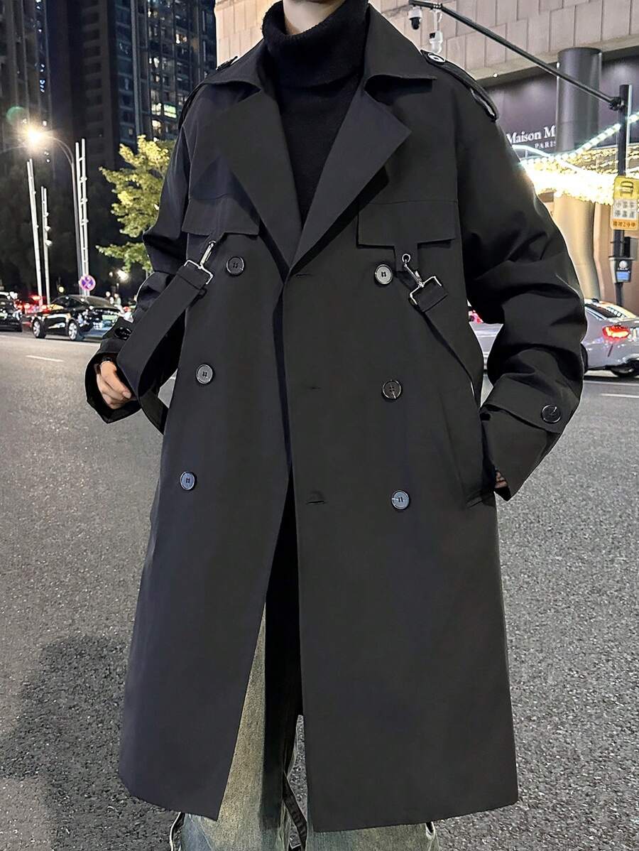 Manfinity Hypemode Men'S Solid Color Buckles Tape Double-Breasted Trench Coat - Black - View 1