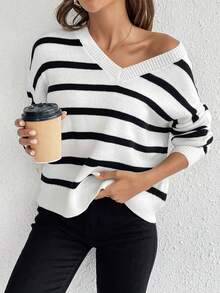 SHEIN Frenchy 條紋圖案落肩袖套頭毛衣 - 彩色 - 查看 3