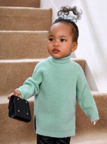 SHEIN Baby Girl Turtleneck Raglan Sleeve Split Hem Sweater - Green - View 1