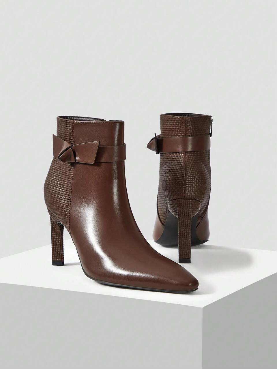 WOVEN FAUX LEATHER HEELED BOOTIES