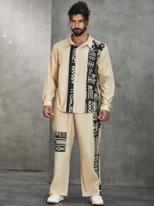 Manfinity Homme Men Plus Printed Turn-Down Collar Shirt And Pants Set - Apricot - View 3