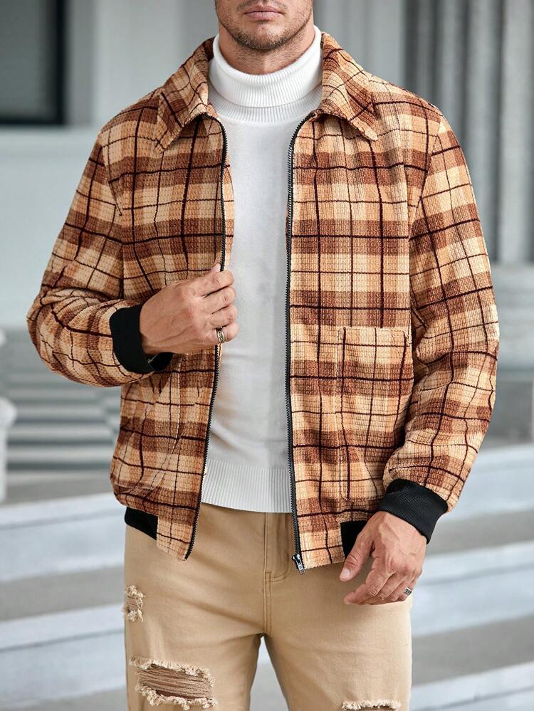 Loose Fit Plus Size Men Plaid Print Zip-Up Jacket, For Fall Winter