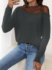 SHEIN LUNE Áo len thả vai lưới tương phản thường ngày cho nữ - Màu xám đen - Xem 4