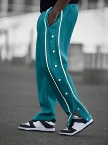 Manfinity Homme 宽松版型男式撞色带设计纽扣侧抽绳腰运动裤 - 藏蓝色 - 查看 5