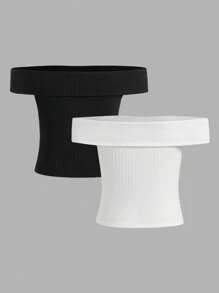 SHEIN Girlism 十幾歲女孩復古簡約街頭時尚針織露肩上衣2件套裝