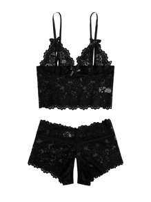 Floral Lace Cut Out Bow Front Lingerie Set Bow Tie, Baddie Look