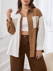 SHEIN Essnce Plus Colorblock Drop Shoulder Pocket Patched Corduroy Coat