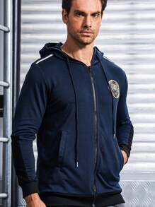 Gym Rark Men Letter Graphic Zip Up Drawstring Hooded Sports Jacket Workout Tops - Dusty Blue - View 3