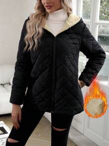 SHEIN Essnce Zip Up Hooded Teddy Lined Quilted Padded Coat Clothes Winter - Black - View 4