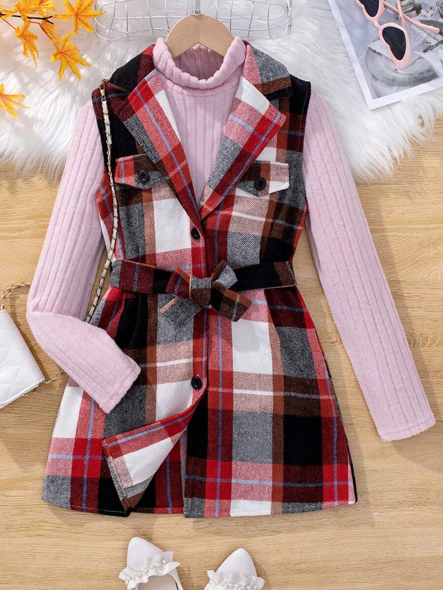 SHEIN 適合青少年女孩的格紋翻領馬甲套裝,配帶腰帶外套和純色高領t恤 - 粉色 - 查看 1