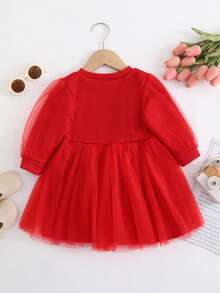 Baby Girl Heart Embroidery Mesh Overlay Dress - Red - View 2