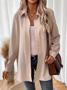 SHEIN LUNE Chất rắn Nút phía trước Vá Túi Áo sơ mi - Màu be - Xem 5