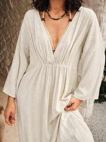 Bohemela Loose Fit Women's Solid Color Deep V-neck Vacation Dress