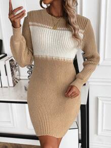 SHEIN Essnce 女性撞色針織毛衣洋裝 - 卡其色 - 查看 1