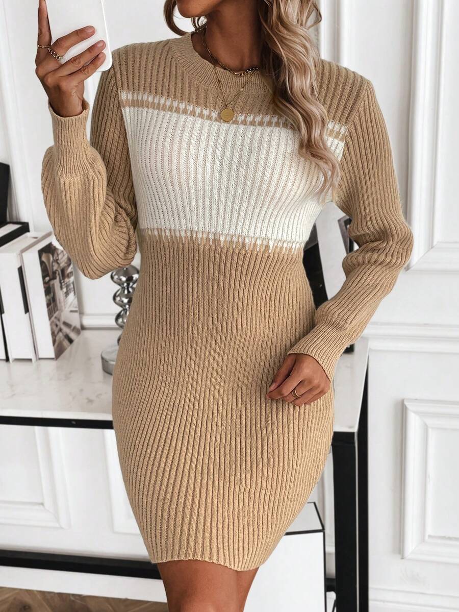 SHEIN Essnce 女性撞色針織毛衣洋裝 - 卡其色 - 查看 1