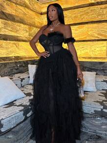 Slaydiva 女士露肩網紗連衣裙(仿羽毛)