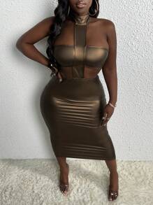 Slaydiva Vestido ajustado de cintura con abertura de cuello halter de espalda abierta de color metálico - Café - Ver 4