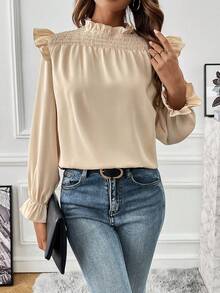 SHEIN Privé 荷葉邊荷葉袖襯衫 - 杏色 - 查看 3