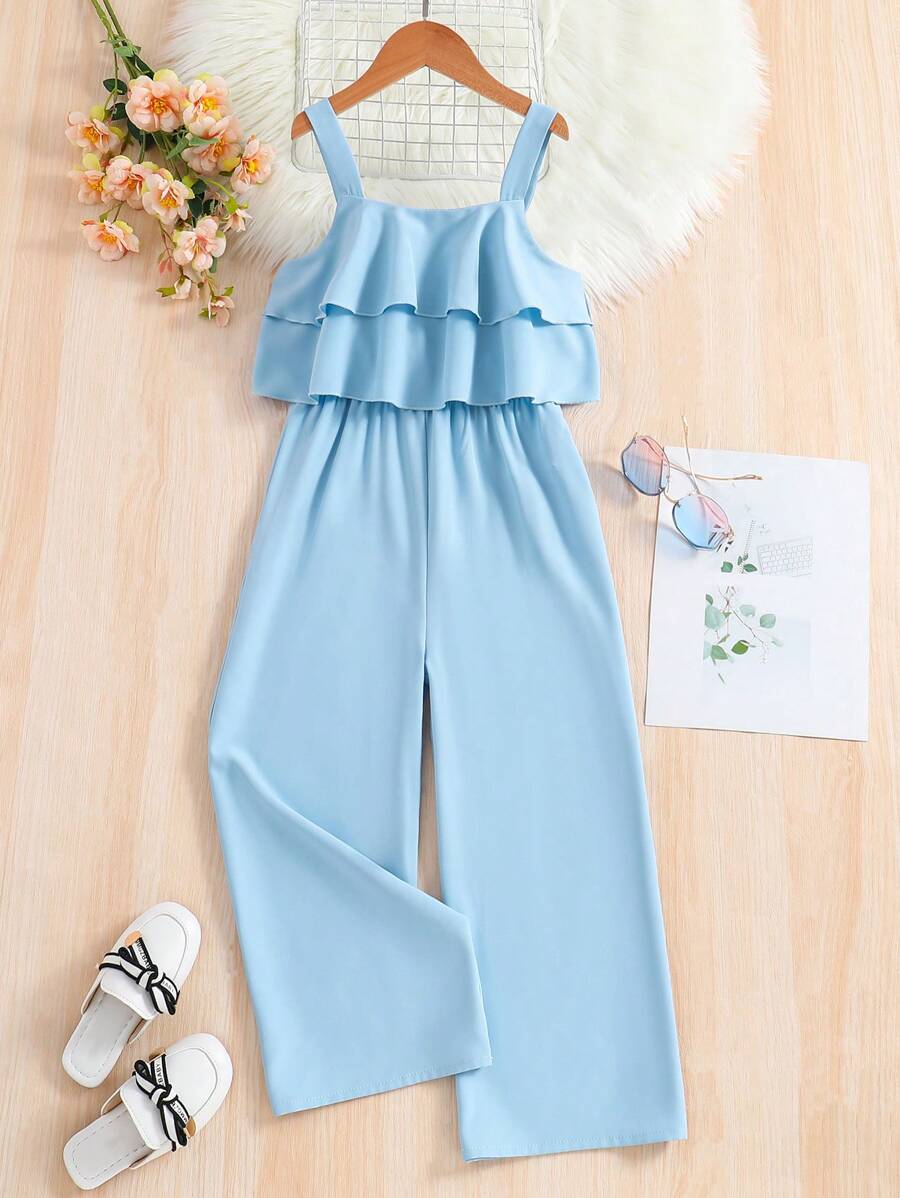 SHEIN Tween Girl Ruffle Casual Jumpsuit, & Versatile For Holiday & Everyday Wear, Spring & Summer - Blue - View 1