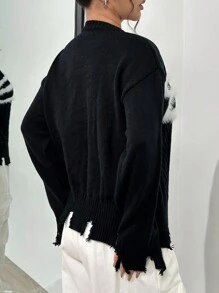 SHEIN Unity Fuzzy Trim Drop Shoulder Cable Knit Sweater Knit Pullover Fall Winter Outfit - Black - View 3