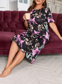 Plus Size Floral Print Sleep Dress Pajama Dress - Multicolor - View 4