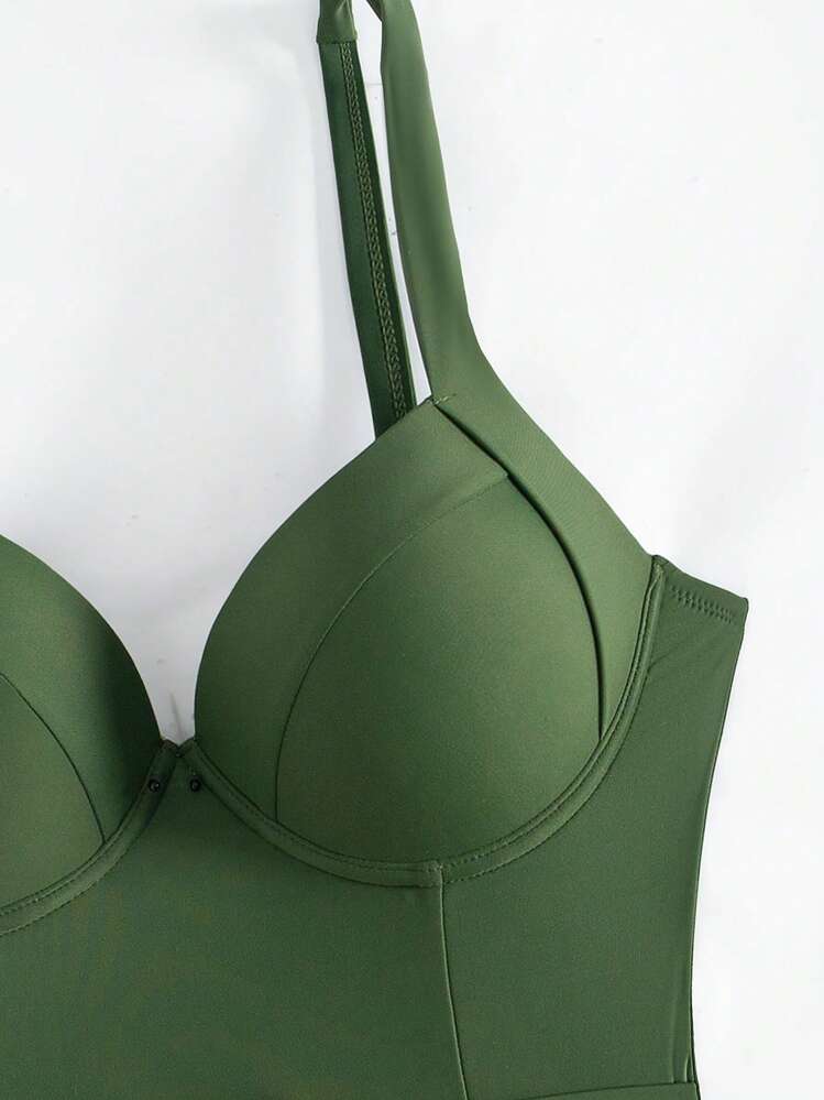 SHEIN Swim Traje De Baño De Una Pieza Sencillo De Color Sólido Para Mujer Con Hebilla En La Cintura - Verde militar - Añade 6