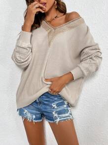 SHEIN VCAY Women's Drop Shoulder Long Sleeve Sweater - Apricot - View 1