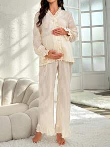 SHEIN Maternity Ruffle Trim Flounce Sleeve Sleep Top & Adjustable Waist Sleep Pants For Mother, Pajama Set - Beige - View 3
