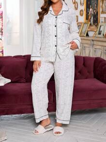 Plus Contrast Piping Satin PJ Set / Pajama Set, Fall Winter Clothes, Cozy Outfit - Beige - View 5