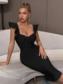 Butterfly Sleeve Split Back Bustier Bandage Bodycon Dress - Black - View 1