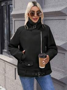 SHEIN Essnce Dây kéo Thắt lưng Hem Áo khoác moto - màu đen - Xem 3