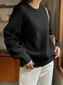 DAZY 纯色落肩毛衣，秋装 - 黑色 - 查看 5