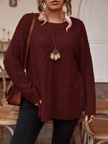EMERY ROSE Plus Solid Drop Shoulder Split Hem Sweater, Winter Knit Pullover Fall Outfit Autumn - Burgundy - View 3