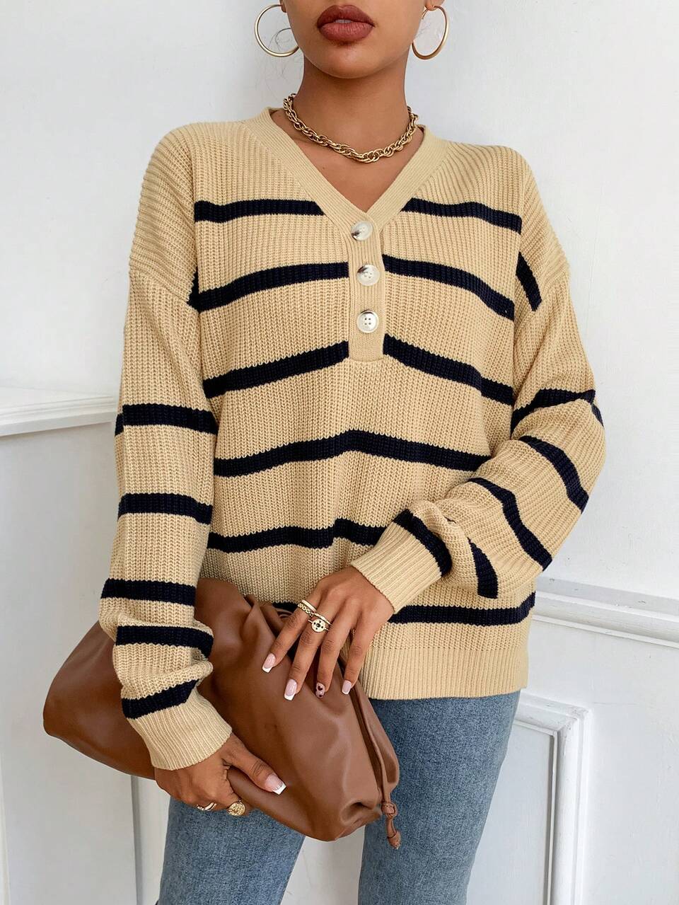 Striped Pattern Half Button Drop Shoulder Knit Pullover Fall Winter Sweater