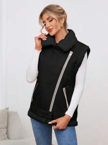 SHEIN Essnce 女士毛皮外套配皮革背心 - 黑色 - 查看 1