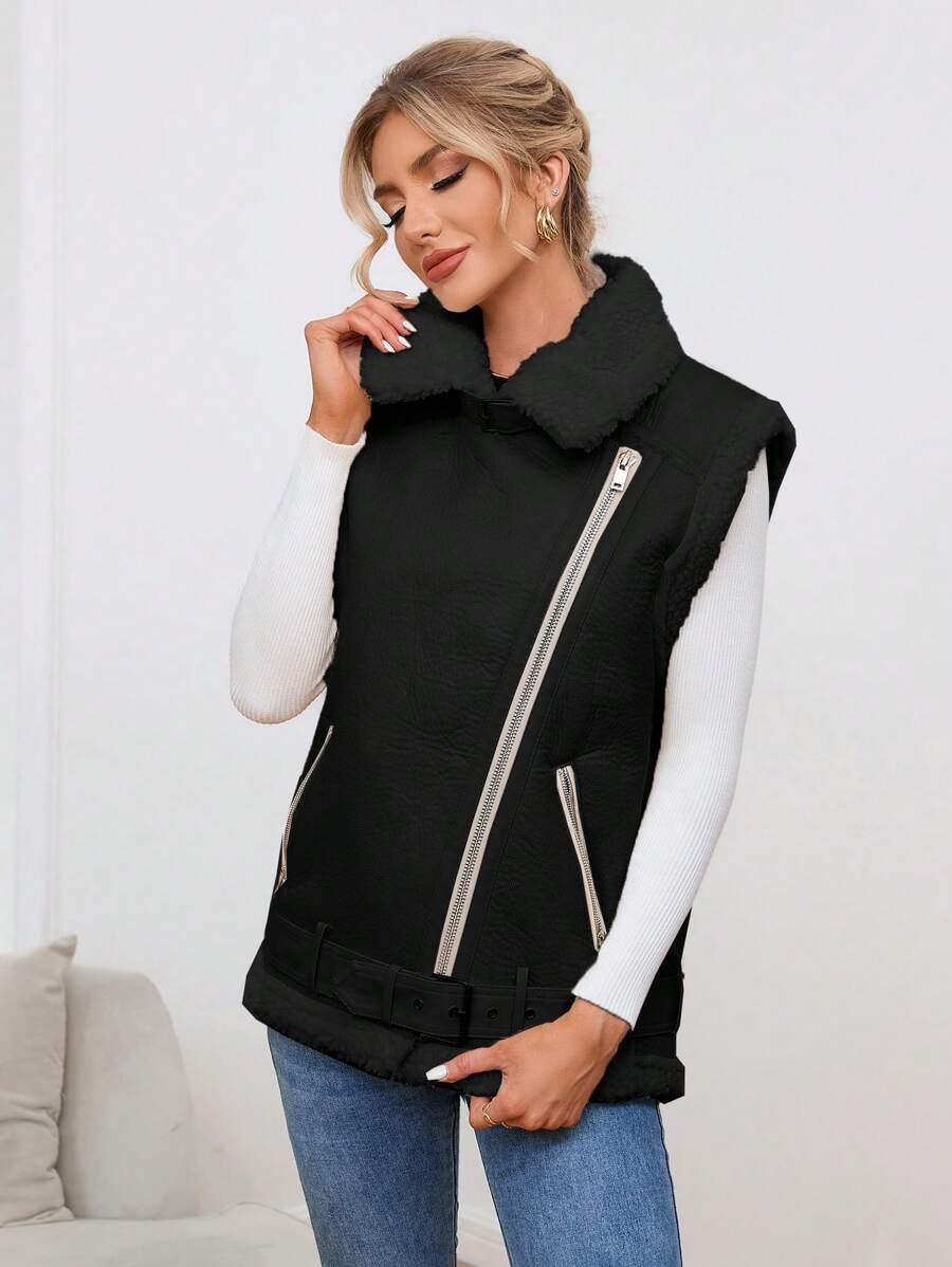 SHEIN Essnce 女士毛皮外套配皮革背心 - 黑色 - 查看 1
