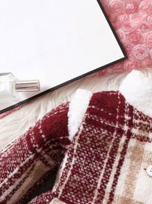 女嬰格紋印花拼接毛茸邊花呢外套 - 紅色 - 查看 3