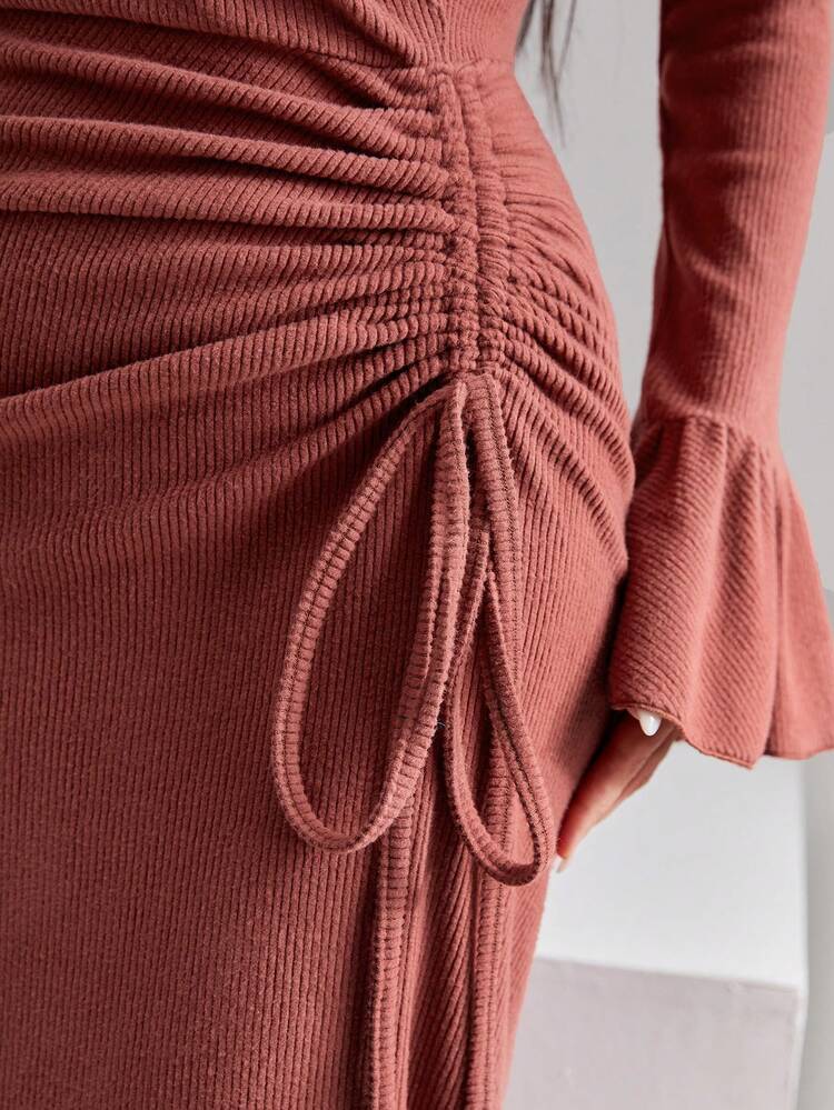 Pink Ruffle Sleeve Drawstring Waist Dress