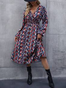 SHEIN Clasi 滿版印花交疊領燈籠袖洋裝 - 彩色 - 查看 7