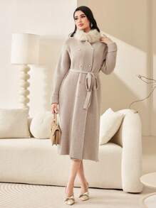 Modelyn Fuzzy Collar Drop Shoulder Belted Cardigan - Apricot - View 3