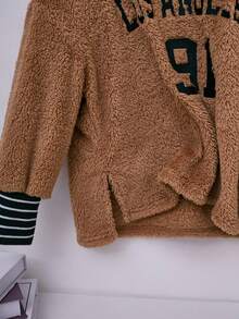 Girls Letter Embroidery Striped Trim Drop Shoulder Teddy Pullover - Brown - View 4